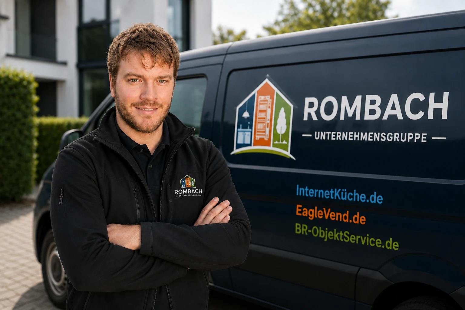 Benjamin Rombach vor dem beschrifteten Servicefahrzeug